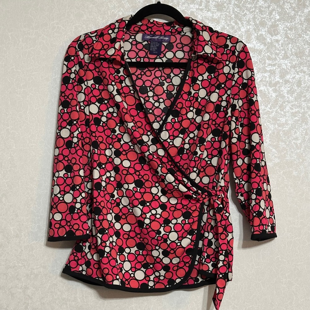 Russell Kemp Wrap Blouse Top Pink Black White Polka Dot‎ 3/4 Sleeve Tie L